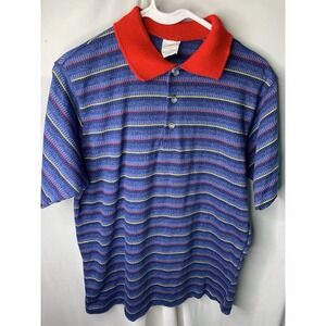 Mens M Vintage 70s ORO Golden Threads Blue Striped USA Polo‎ shirt Red Collar